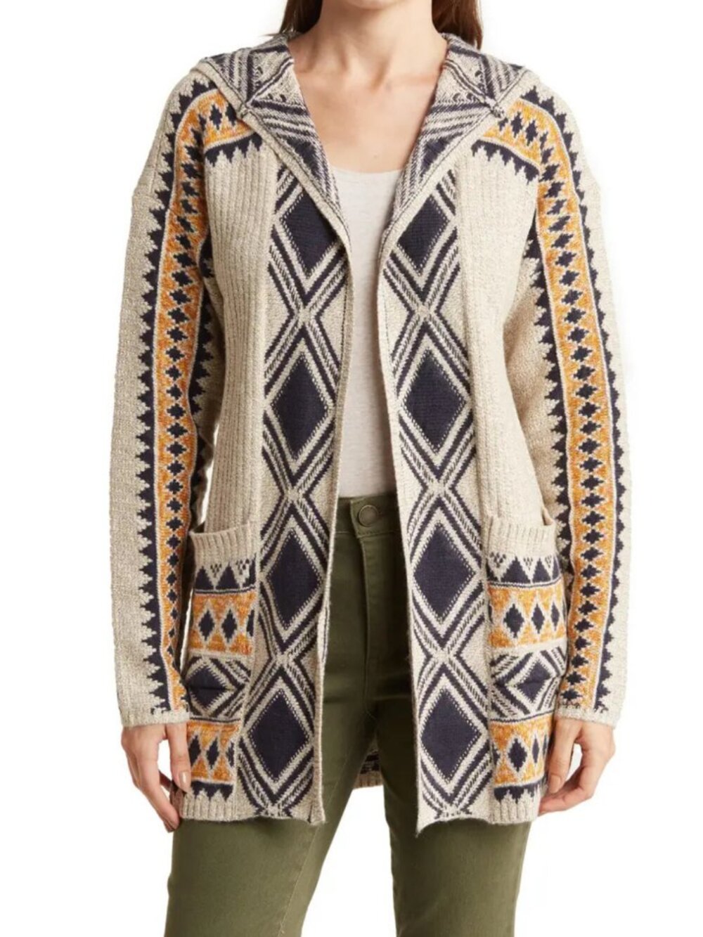 Lucky Brand Allover Jacquard Hooded Cardigan M Southwestern Aztec Boho Cabincore